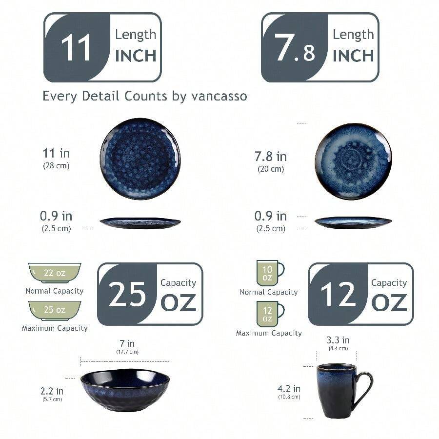 16 Pieces Dinnerware Set, Blue Set, Dinner Plate, Dessert Plate, Bowl And Mug Set For 4 Person, Poreclain Dinnerware