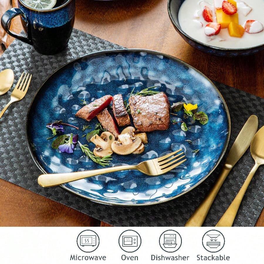 16 Pieces Dinnerware Set, Blue Set, Dinner Plate, Dessert Plate, Bowl And Mug Set For 4 Person, Poreclain Dinnerware