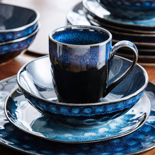 16 Pieces Dinnerware Set, Blue Set, Dinner Plate, Dessert Plate, Bowl And Mug Set For 4 Person, Poreclain Dinnerware