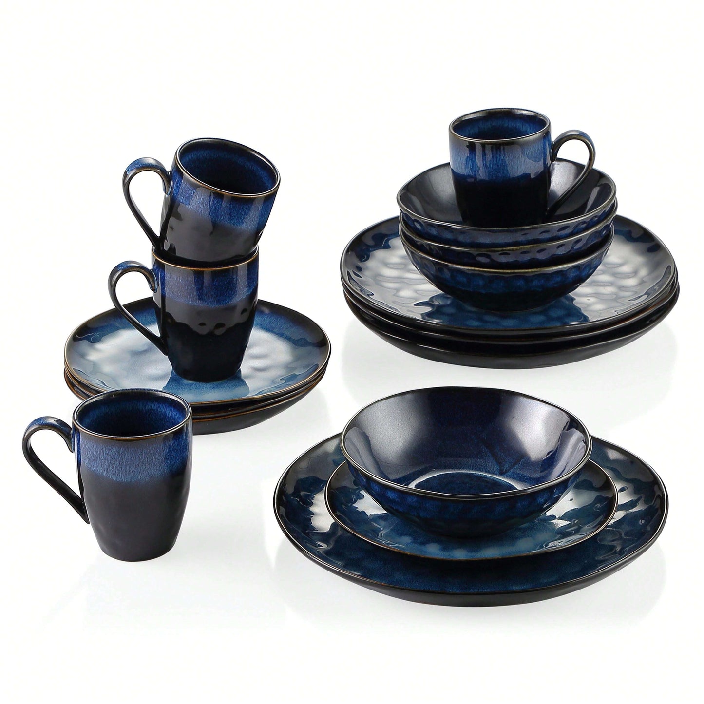 16 Pieces Dinnerware Set, Blue Set, Dinner Plate, Dessert Plate, Bowl And Mug Set For 4 Person, Poreclain Dinnerware