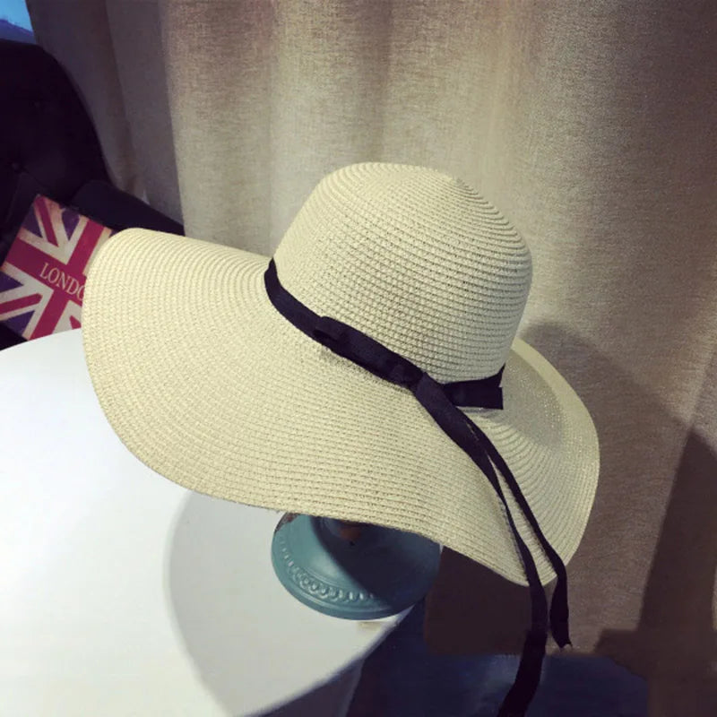 Women's Summer Straw Hat – Wide Brim Floppy Panama Hat with Bowknot