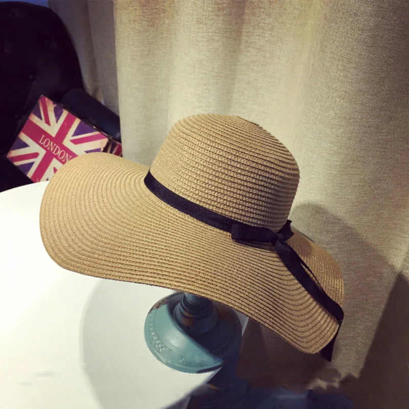 Women's Summer Straw Hat – Wide Brim Floppy Panama Hat with Bowknot