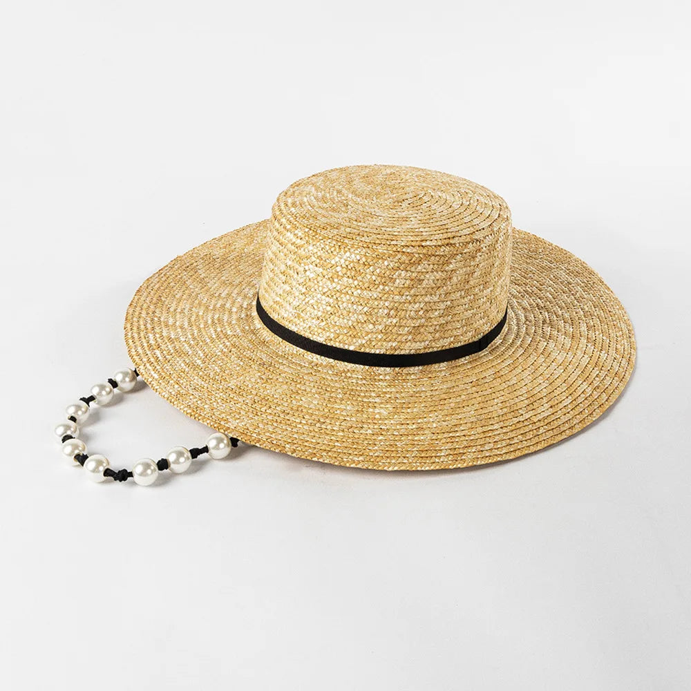 Ceeprints Pearl Tie Wide Brim Straw Fedora Hat