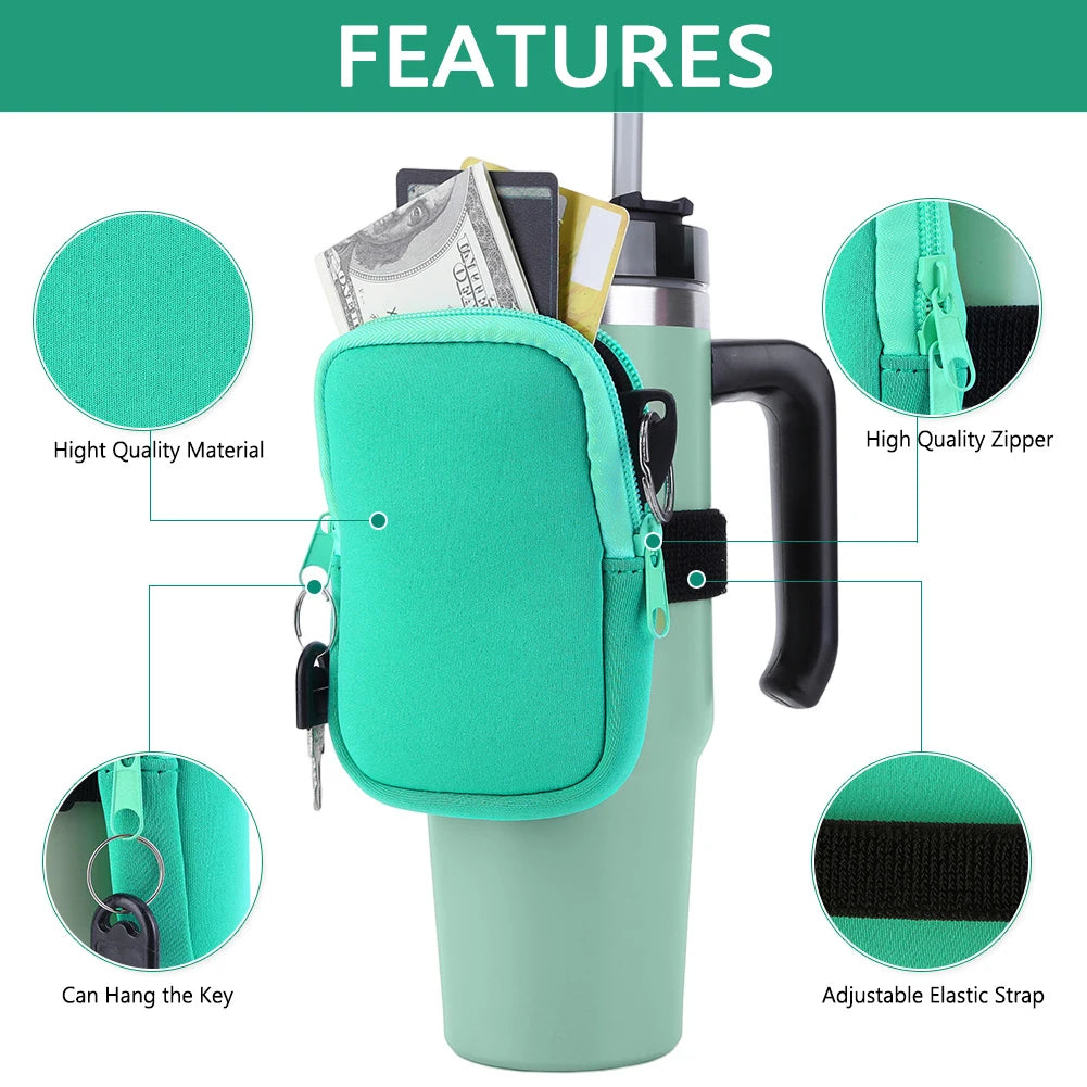 Water Bottle Pouch – Neoprene Caddy for 20/30/40oz Stanley Cup, Holds Cards & Essentials