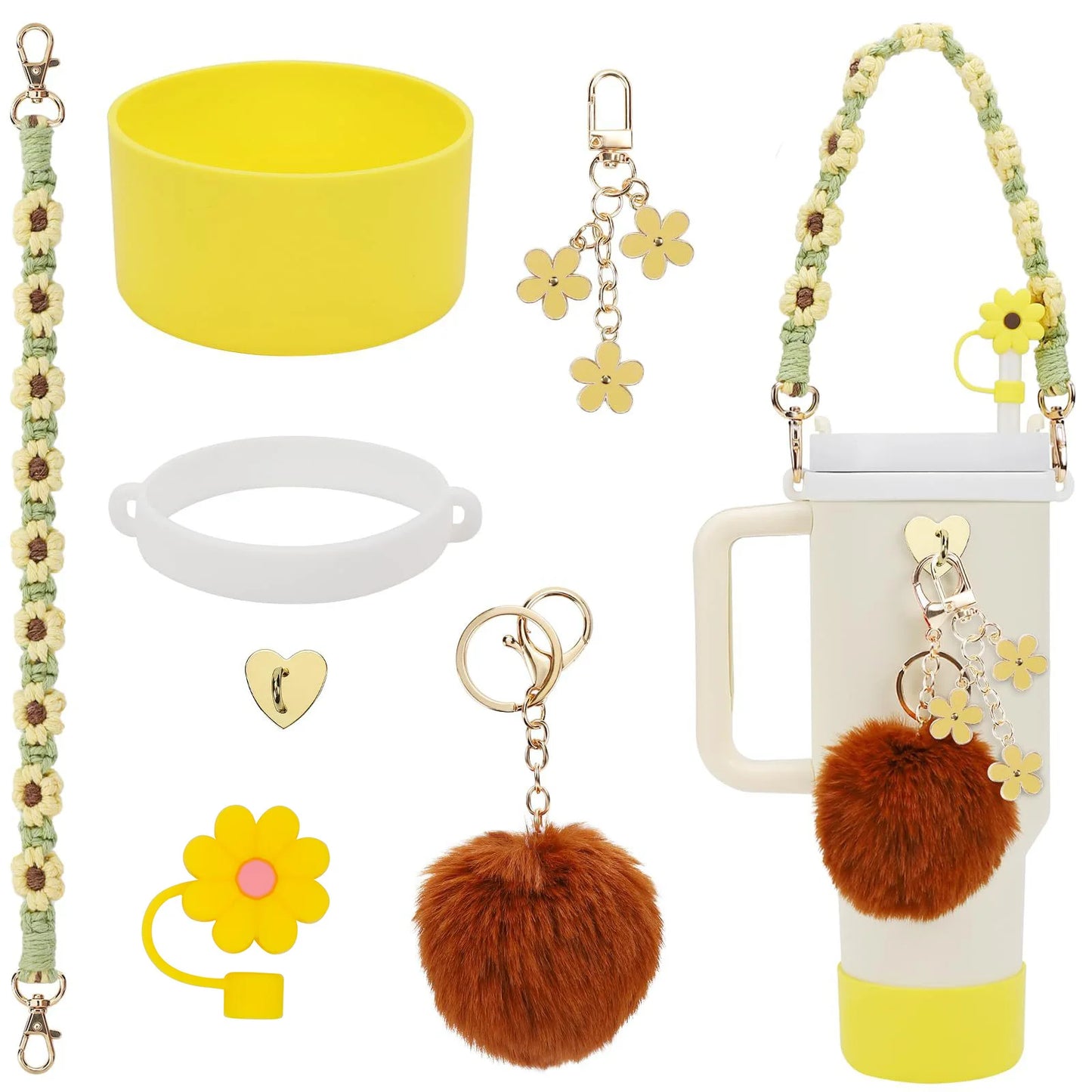 Handmade Straw Cap Case – Charm Chain, Initial Keychain & Handle for Tumbler