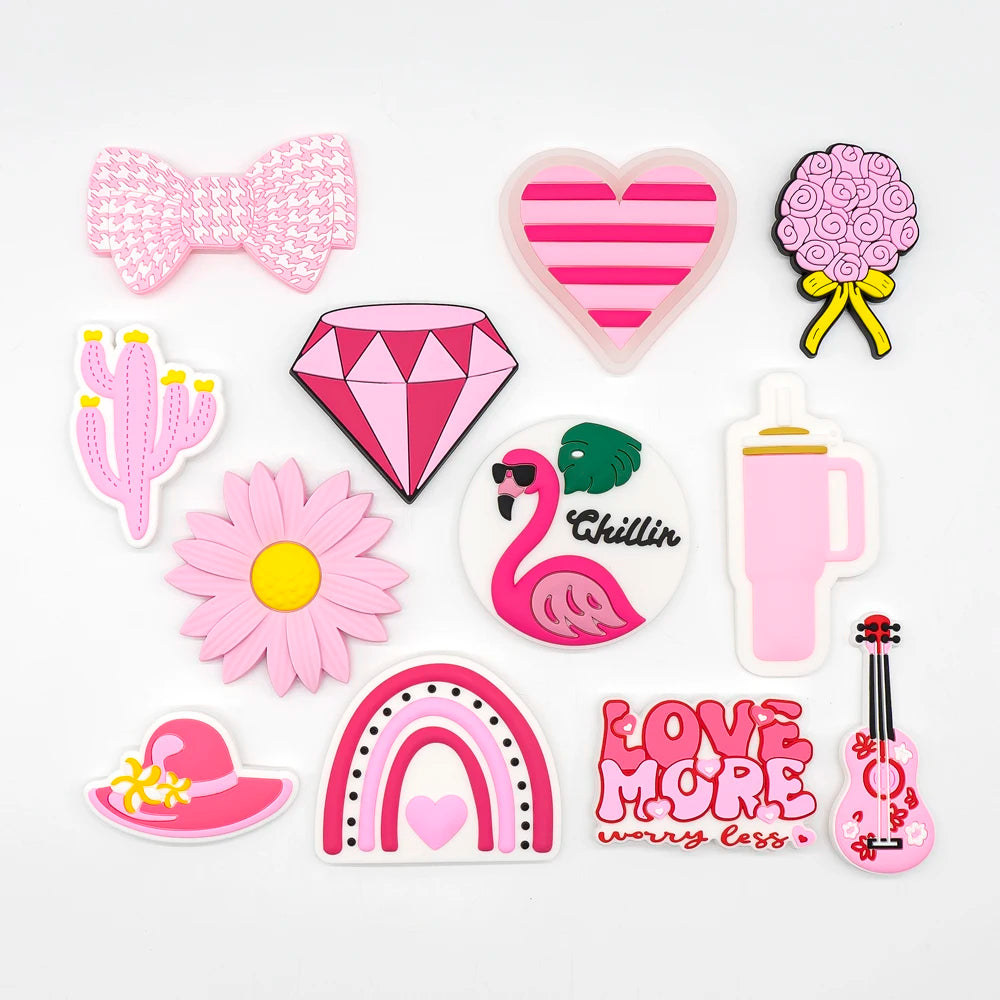 1/12PCS Pink Charms – Cactus, Flower, Flamingo & Bow for Beach Bags