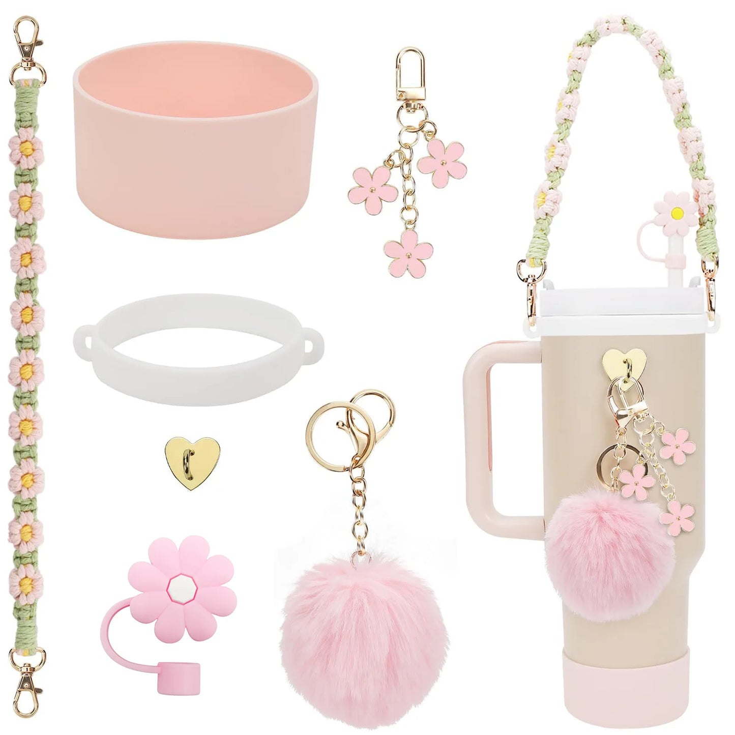 Handmade Straw Cap Case – Charm Chain, Initial Keychain & Handle for Tumbler