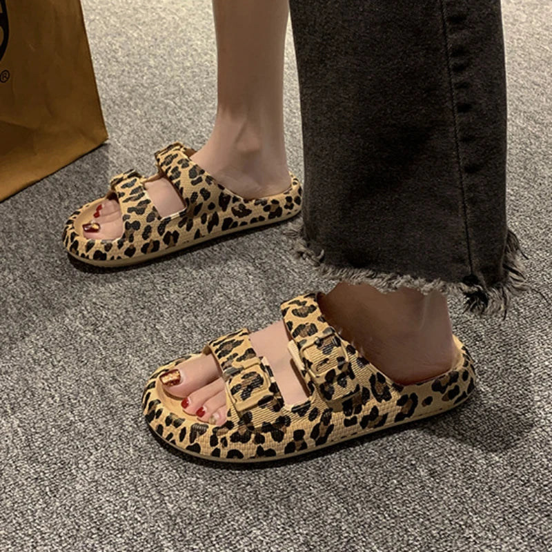 Women’s Leopard Print Platform Slippers – Casual Thick Sole Sandals