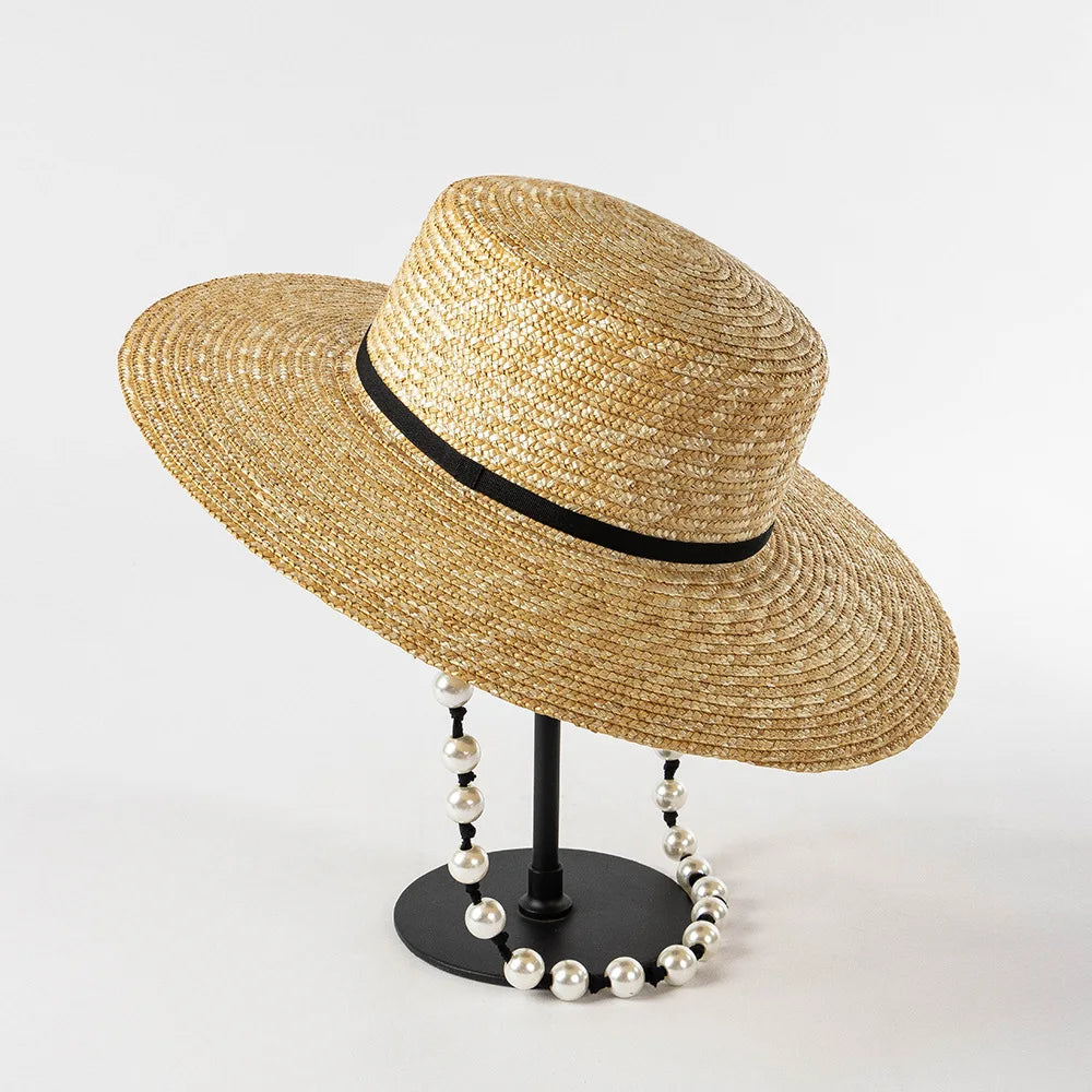 Ceeprints Pearl Tie Wide Brim Straw Fedora Hat