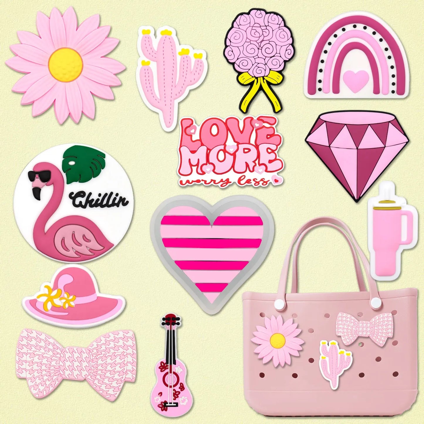 1/12PCS Pink Charms – Cactus, Flower, Flamingo & Bow for Beach Bags