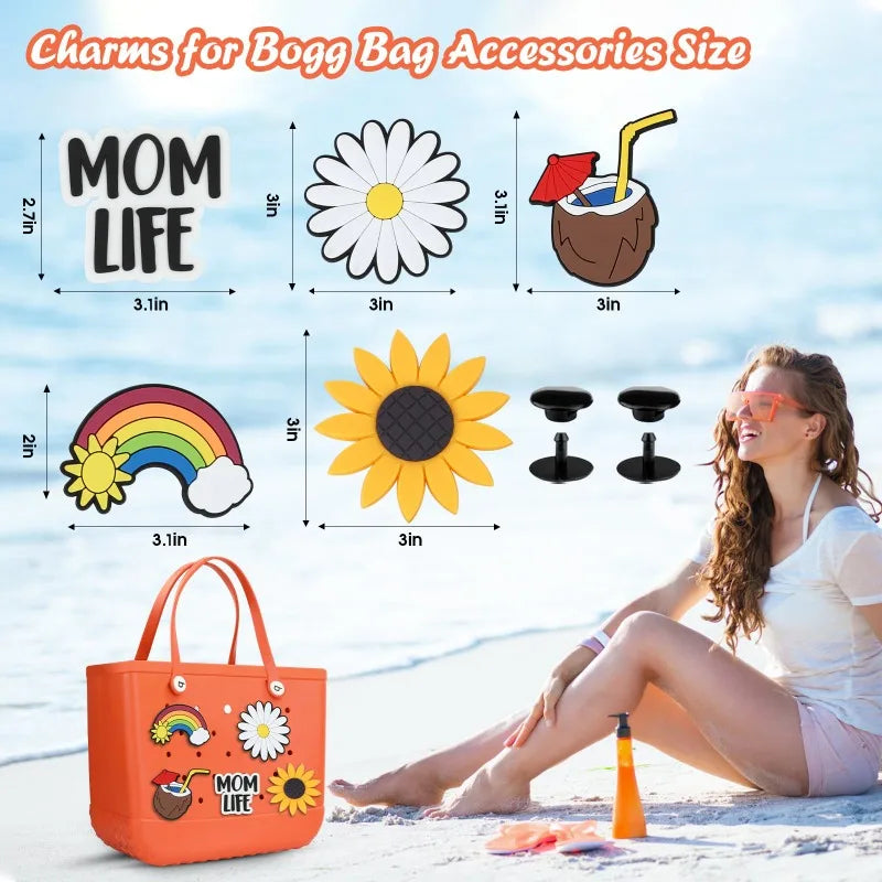 8PCS Cute Beach Bag Charms – Colorful PVC Buckles & Cartoon DIY Pins