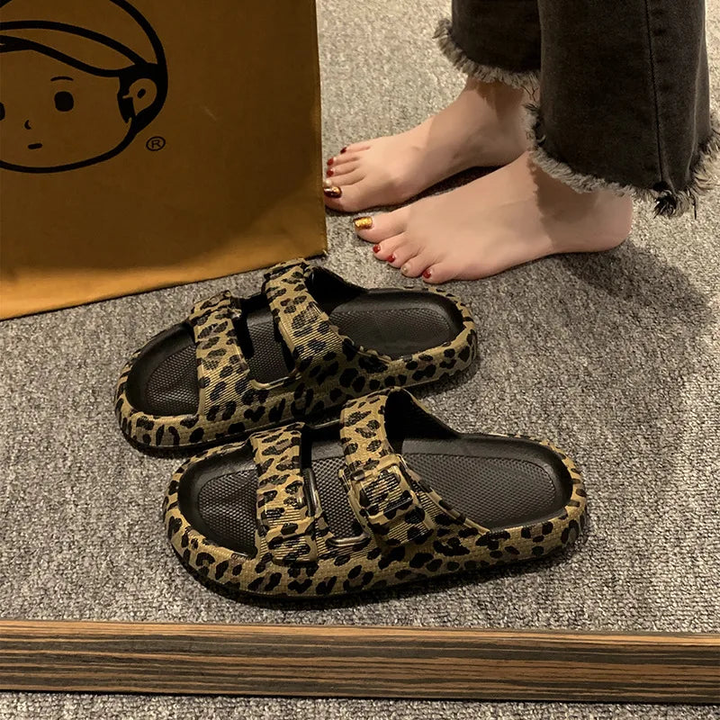 Women’s Leopard Print Platform Slippers – Casual Thick Sole Sandals