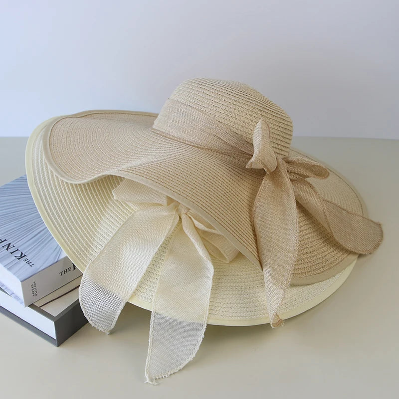 Women's Summer Straw Hat – Wide Brim Floppy Panama Hat with Bowknot