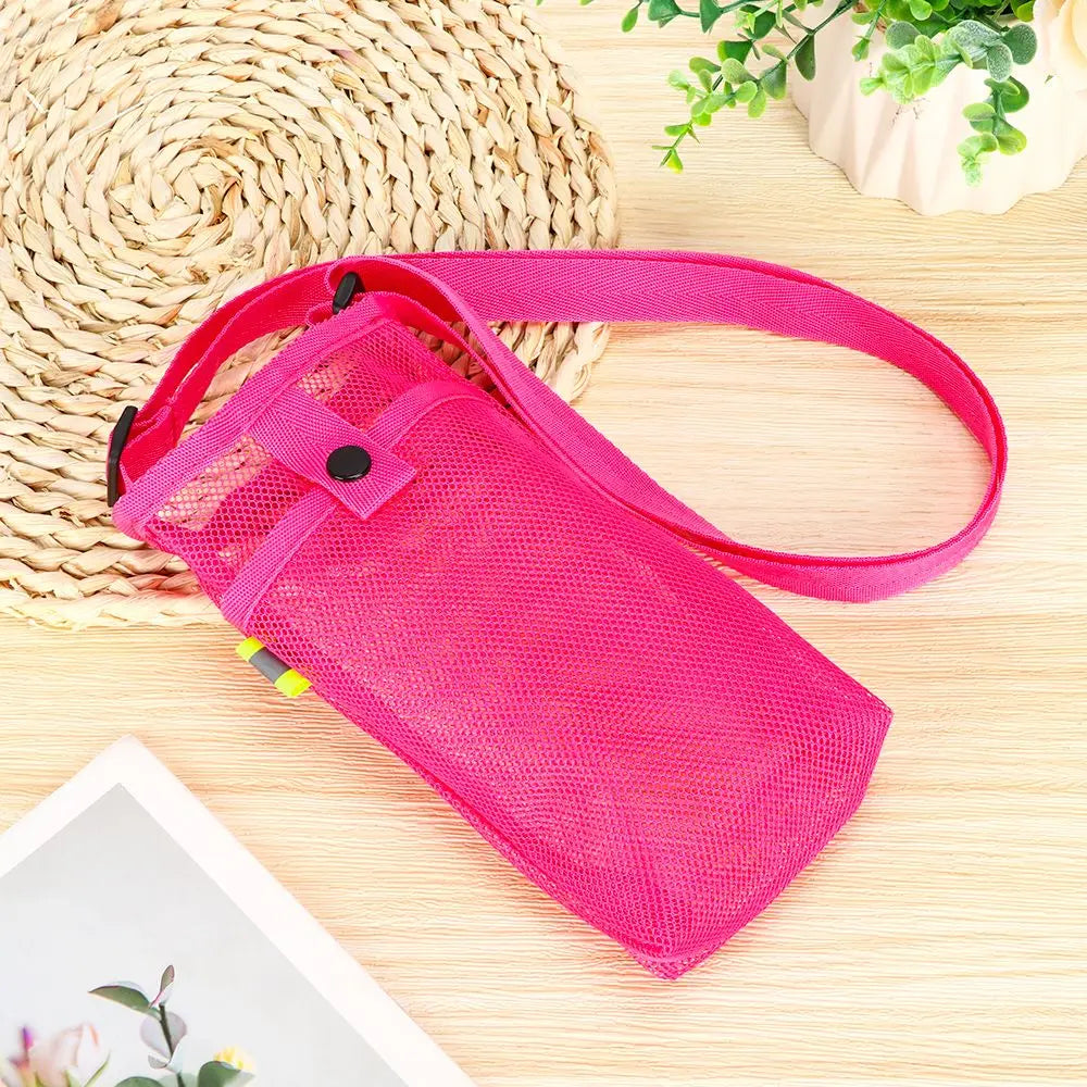 Portable Water Bottle Holder – Mesh Sleeve with Strap & Phone Pocket