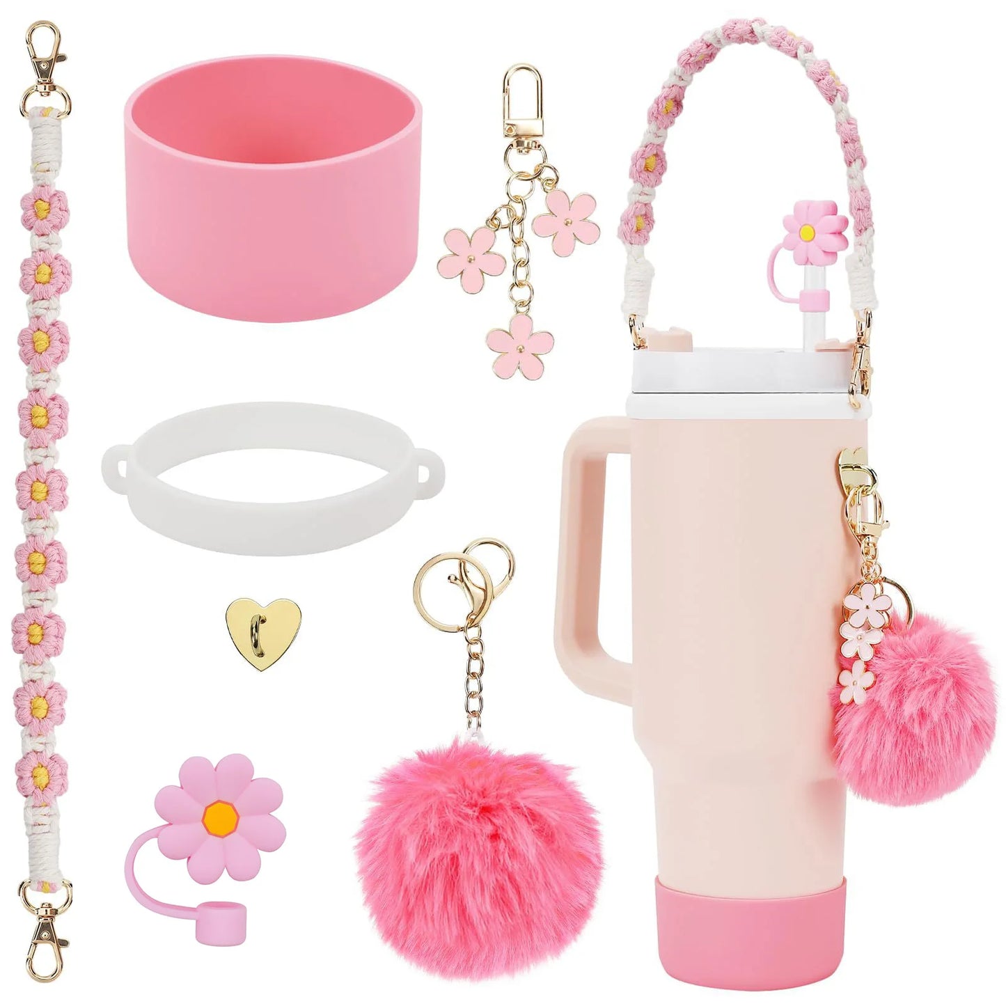 Handmade Straw Cap Case – Charm Chain, Initial Keychain & Handle for Tumbler