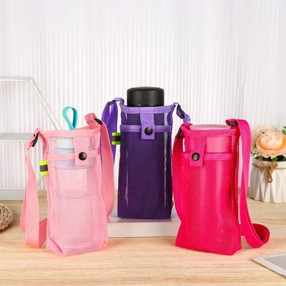 Portable Water Bottle Holder – Mesh Sleeve with Strap & Phone Pocket