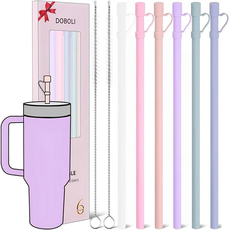 6PCS Long Silicone Straws with Covers – Compatible with 30/40oz Tumblers