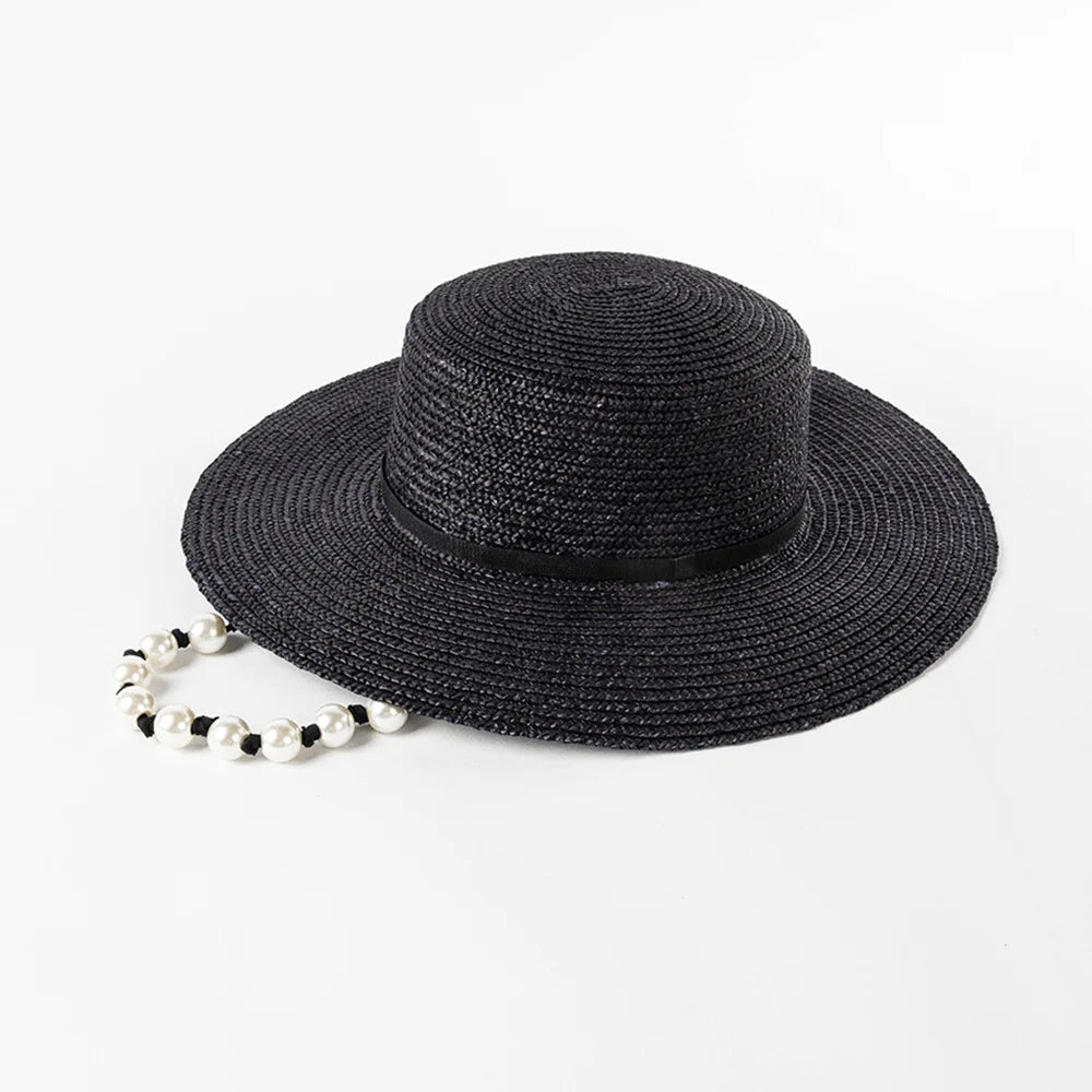 Ceeprints Pearl Tie Wide Brim Straw Fedora Hat