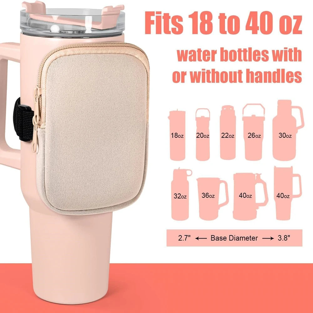 Water Bottle Pouch – Neoprene Caddy for 20/30/40oz Stanley Cup, Holds Cards & Essentials