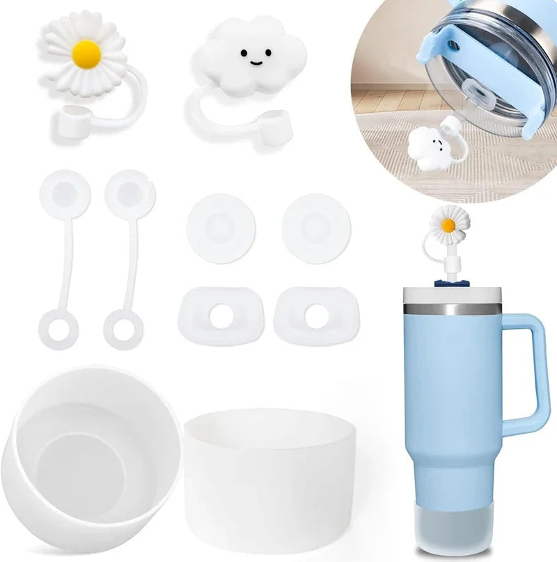 9PCS Tumbler Accessory Set – 6 Spill-Proof Stoppers, 2 Straw Covers, 1 Silicone Boot