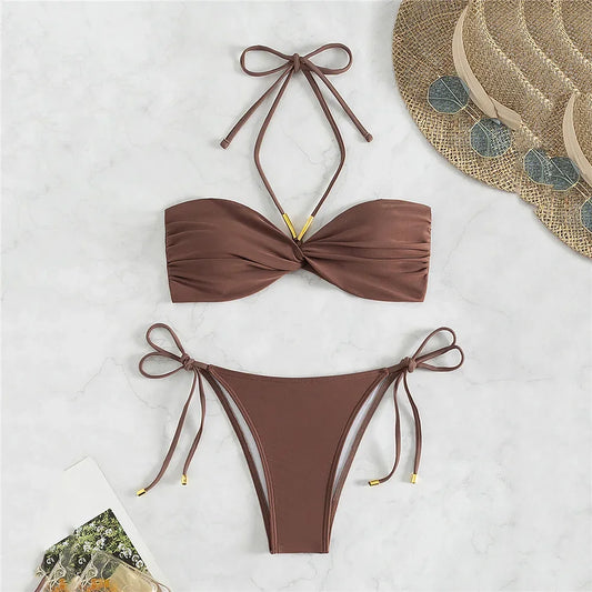 Brown String Halter Bikini Set – Sexy Micro Thong Swimsuit for Women, 2025 Beachwear