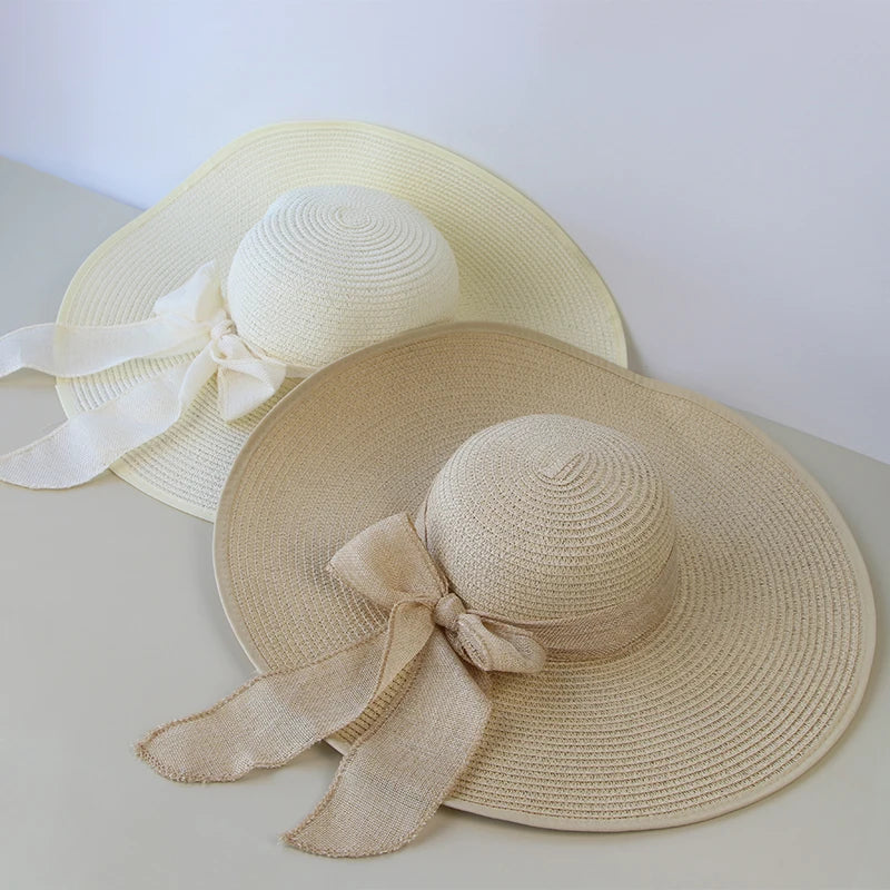 Women's Summer Straw Hat – Wide Brim Floppy Panama Hat with Bowknot