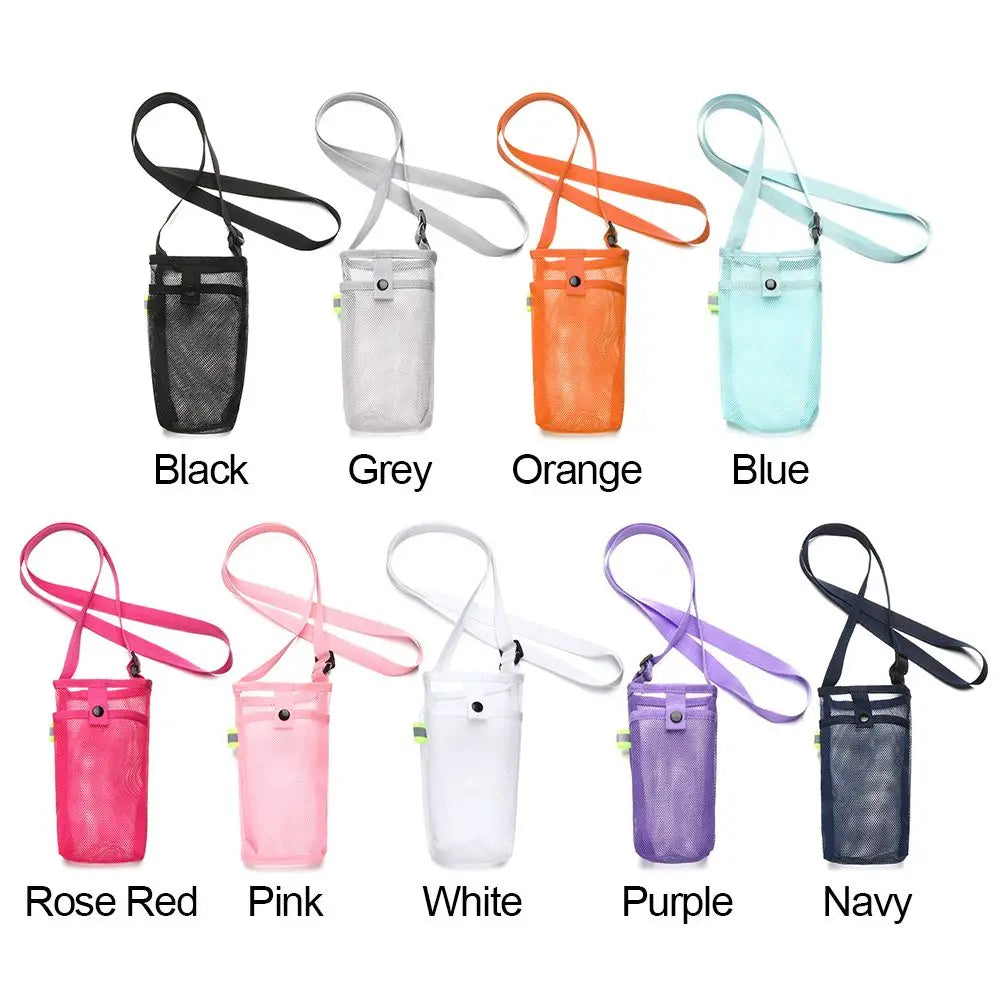 Portable Water Bottle Holder – Mesh Sleeve with Strap & Phone Pocket