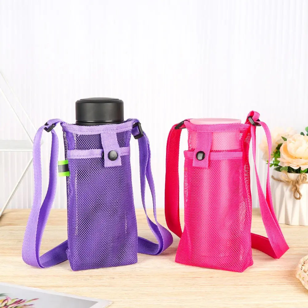 Portable Water Bottle Holder – Mesh Sleeve with Strap & Phone Pocket