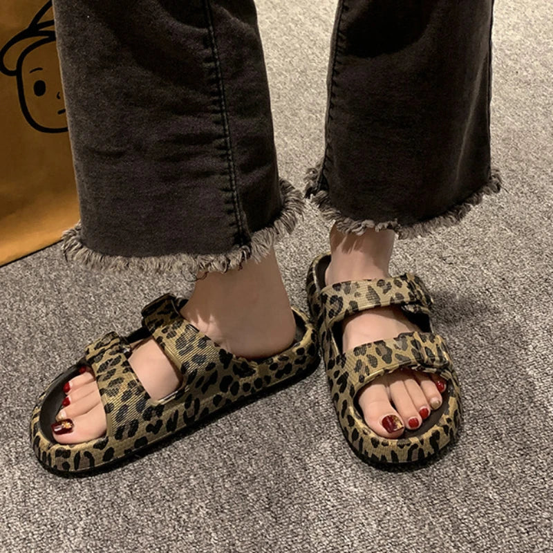 Women’s Leopard Print Platform Slippers – Casual Thick Sole Sandals