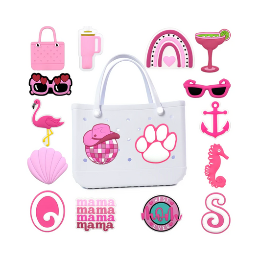 1PC Pink Bag Charm – Shell, Seahorse & Sunglasses for Women’s Beach Tote