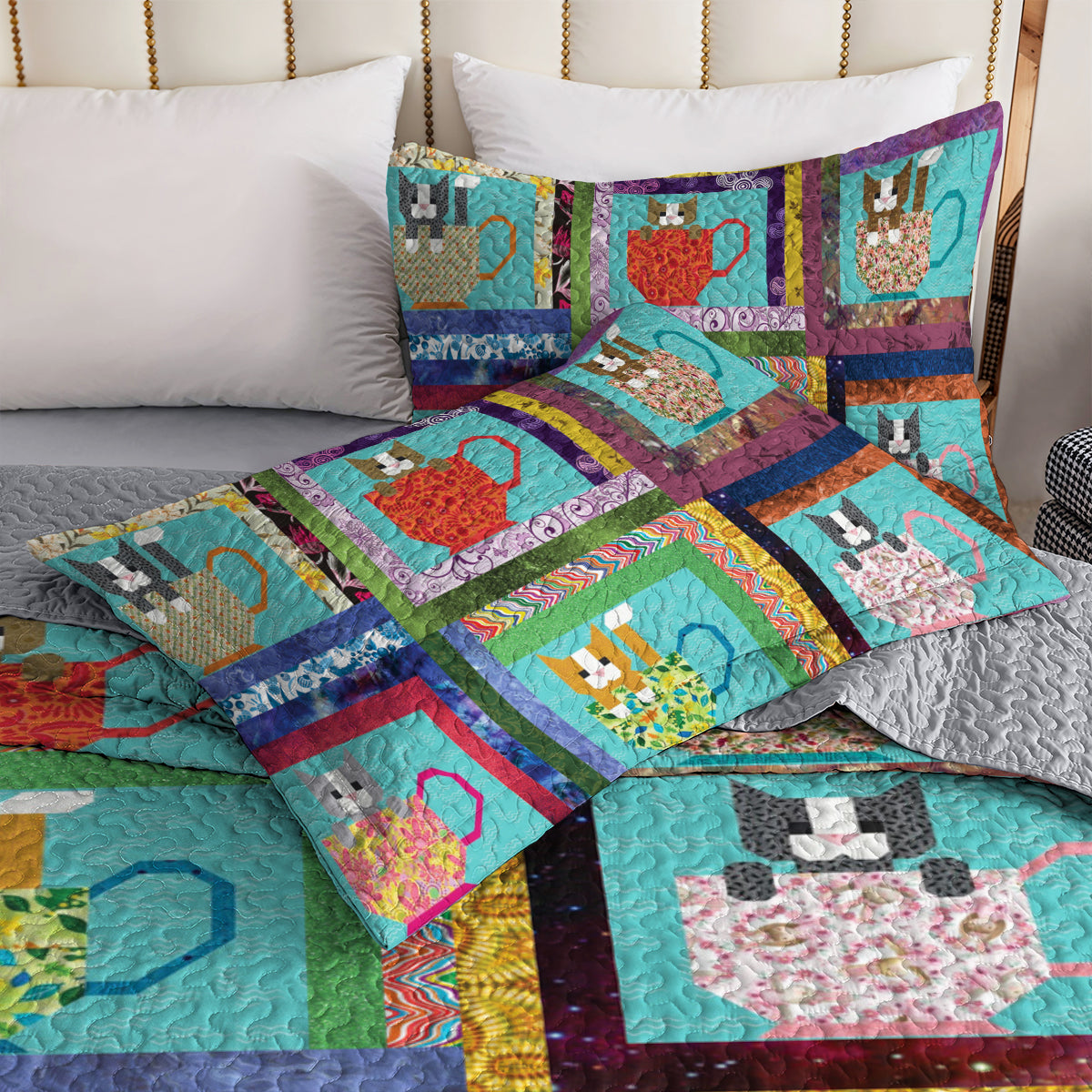 Shineful All Season Quilt 3-Piece Set Kittens in Cups