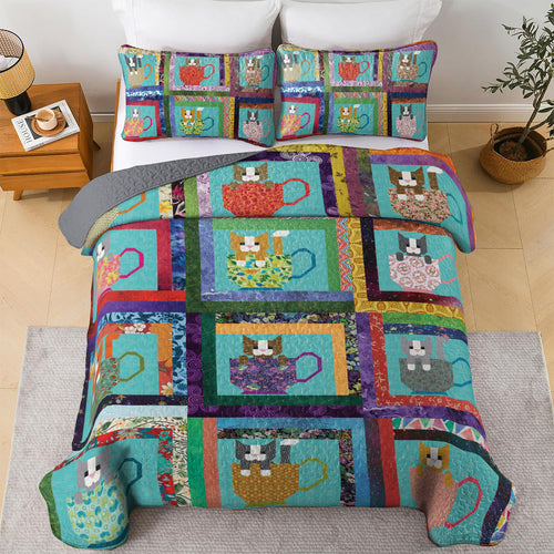 Shineful All Season Quilt 3-Piece Set Kittens in Cups