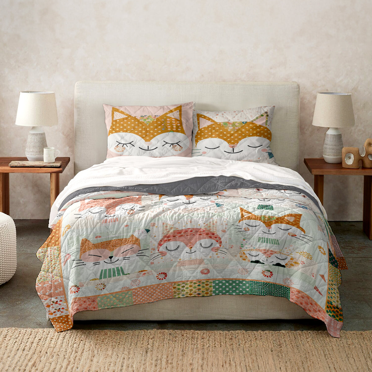 Ceeprints Quilt 3-Piece Set Cute Cat Cotton Fabric Pattern