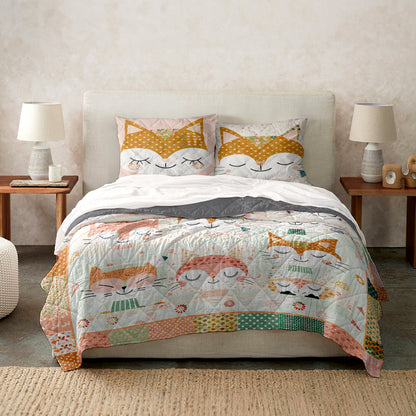 Ceeprints Quilt 3-Piece Set Cute Cat Cotton Fabric Pattern