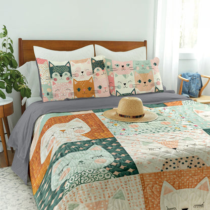 Ceeprints Quilt 3-Piece Set Happy Cat Cotton Fabric Pattern