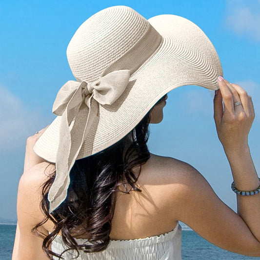 Women's Summer Straw Hat – Wide Brim Floppy Panama Hat with Bowknot