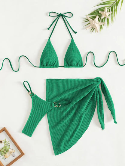 Sexy Brown 3-Piece Bikini Set – Halter Push-Up Bra, Thong, and Skirt Cover-Up