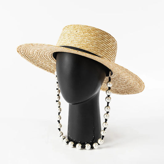 Ceeprints Pearl Tie Wide Brim Straw Fedora Hat