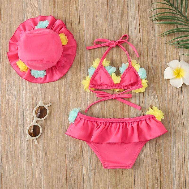 Toddler Girls Floral Swimsuit Set – Bikini & UV Protection Hat