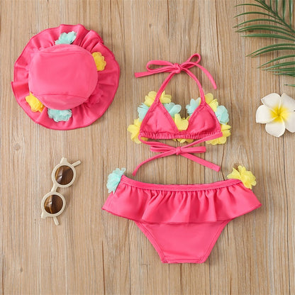 Toddler Girls Floral Swimsuit Set – Bikini & UV Protection Hat