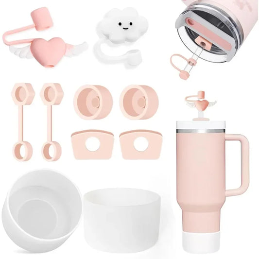 9PCS Tumbler Accessory Set – 6 Spill-Proof Stoppers, 2 Straw Covers, 1 Silicone Boot