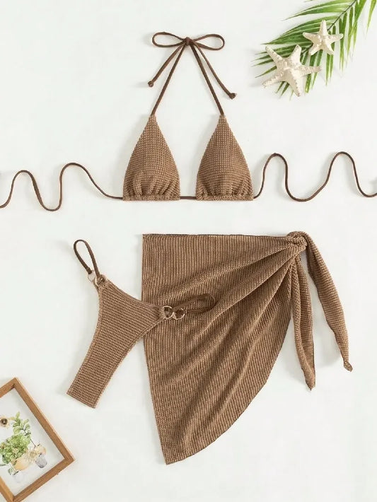 Sexy Brown 3-Piece Bikini Set – Halter Push-Up Bra, Thong, and Skirt Cover-Up