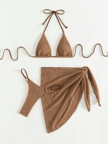 Sexy Brown 3-Piece Bikini Set – Halter Push-Up Bra, Thong, and Skirt Cover-Up