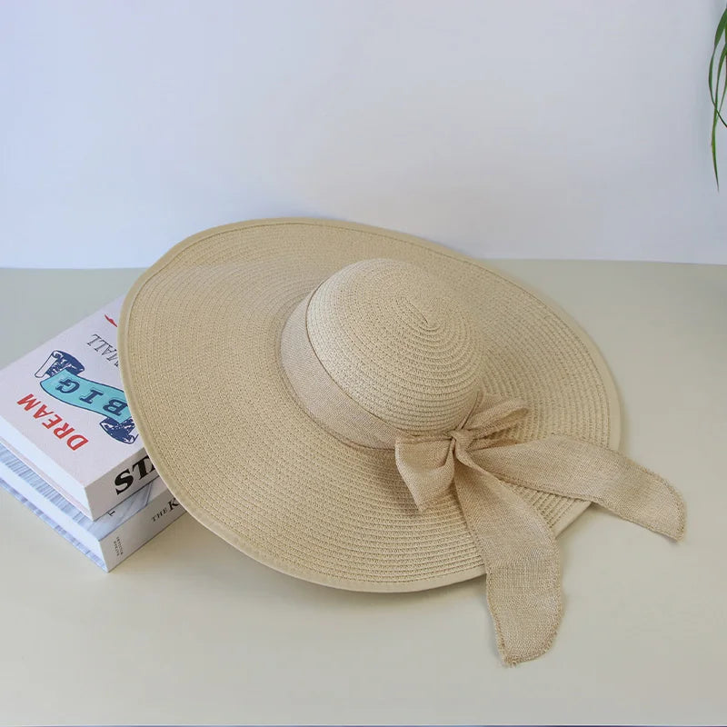 Women's Summer Straw Hat – Wide Brim Floppy Panama Hat with Bowknot