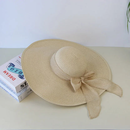 Women's Summer Straw Hat – Wide Brim Floppy Panama Hat with Bowknot