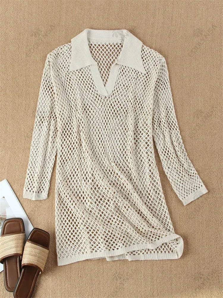 Sexy Hollow-Out Beach Knit Mini Dress – Women's Summer Swimsuit Cover-Up