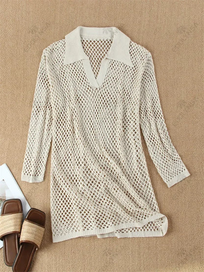 Sexy Hollow-Out Beach Knit Mini Dress – Women's Summer Swimsuit Cover-Up