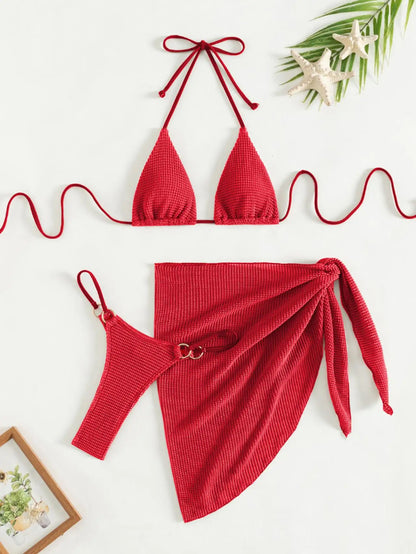 Sexy Brown 3-Piece Bikini Set – Halter Push-Up Bra, Thong, and Skirt Cover-Up