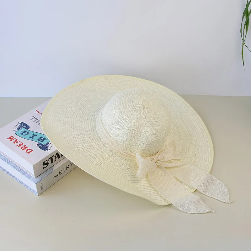 Women's Summer Straw Hat – Wide Brim Floppy Panama Hat with Bowknot