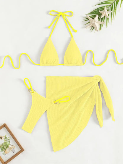 Sexy Brown 3-Piece Bikini Set – Halter Push-Up Bra, Thong, and Skirt Cover-Up